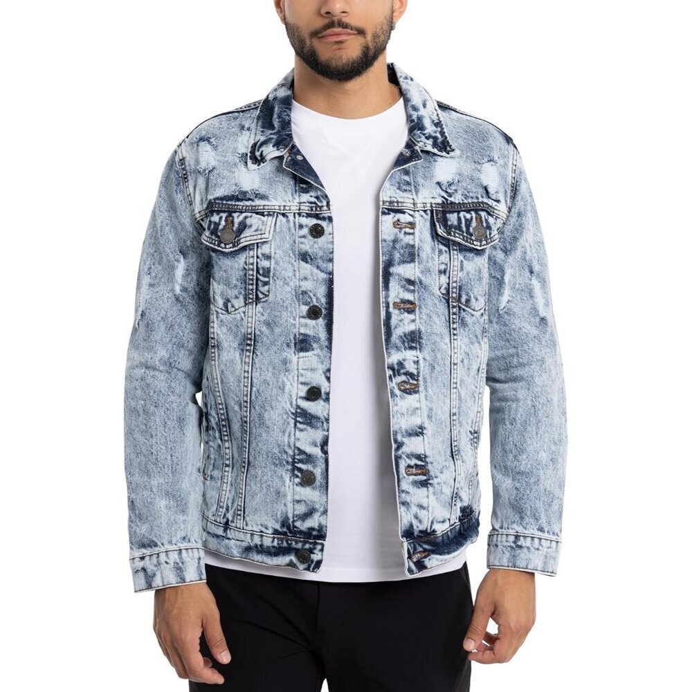 🆕Mens Acid Blue Denim Jacket Washed Ripped Distressed Stretch Casual Trucker